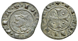 Italy, Sicily, Messina. Giacomo d'Aragona (1285-1296) Denaro (14mm, 0.62g, 10h). Crowned head to bendlet. /R Cross with circlets in quarters. Spahr 17...