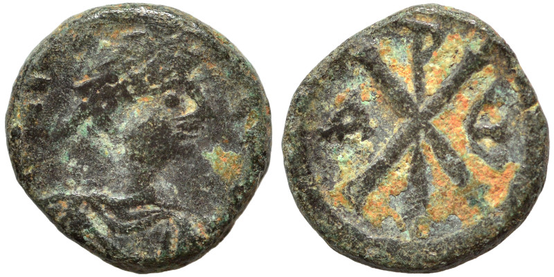 Justin I, 518-527. Pentanummium (bronze, 1.33 g, 11 mm), Constantinople. D N IVS...