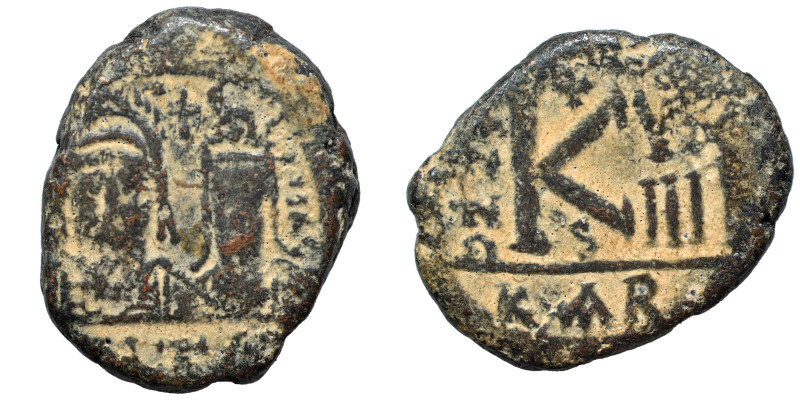 Justin II, with Sophia, 565-578. Half Follis (bronze, 10.13 g, 24 mm), Carthage....