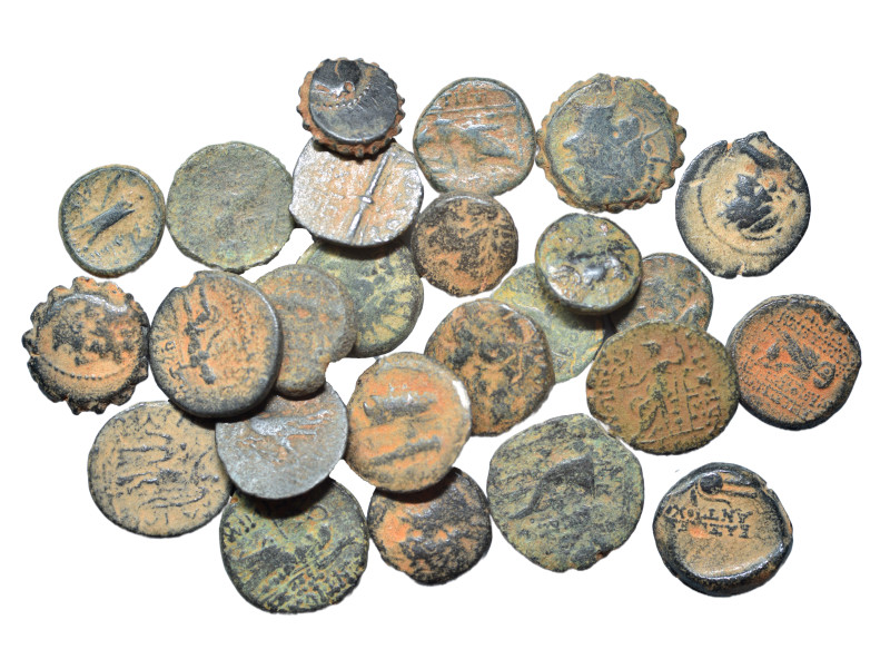 Group lot of circa 25 Ancient Greek coins, some repatinated. G - F. As seen, no ...