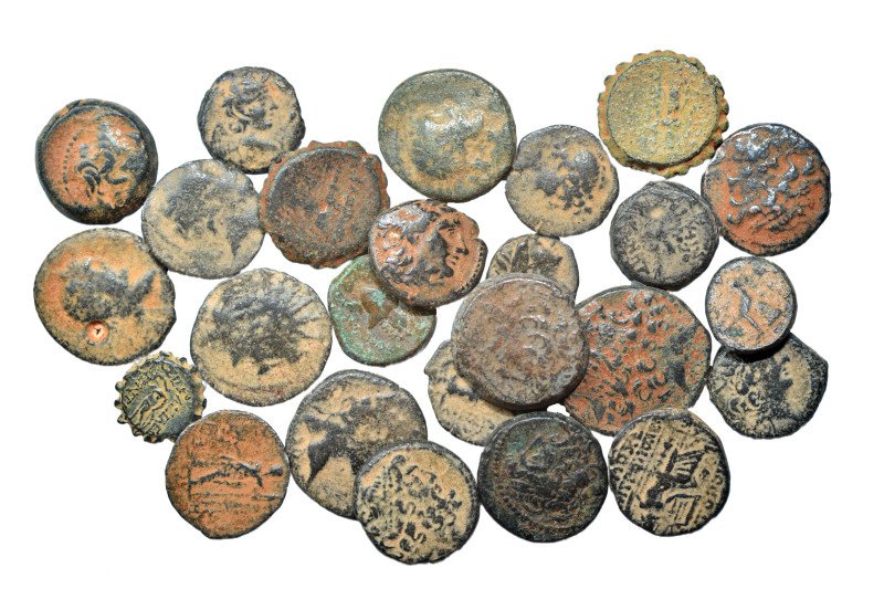 Group lot of circa 25 Ancient Greek coins, some repatinated. G - F. As seen, no ...