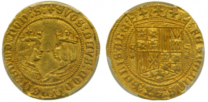 Reyes Católicos (1474-1504). 1 excelente. Sevilla. (Cal. 138). Au 3,48 gr. PCGS ...