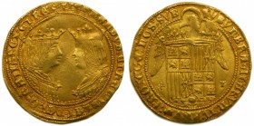Reyes Católicos (1474-1504). Doble excelente. Toledo. (Cal.97). Au 7 gr. Cruz formada por 5 puntos - escudo - T 		 +FERNANDUS.ET.HELISABET.DEI.GRATIA:...