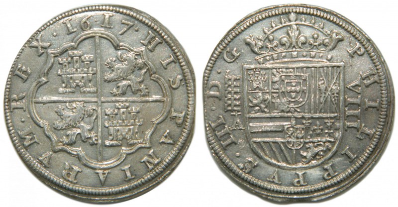 Felipe III (1598-1621). 1617. A. Segovia. 8 reales. (Cal. 156). Ag 25,86 gr. 5 f...