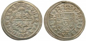 Felipe V (1700-1746). 1717 J. 1 real. Madrid. (Cal. 1529). Ag 2,88 gr. Descolgado.		 Grado: MBC