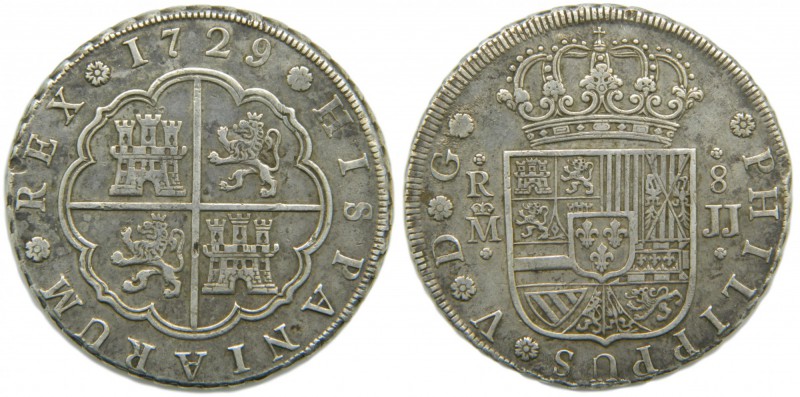 Felipe V (1700-1746). 1729. JJ. 8 reales. Madrid. (Cal.694). Ag 26,81 gr. Restos...