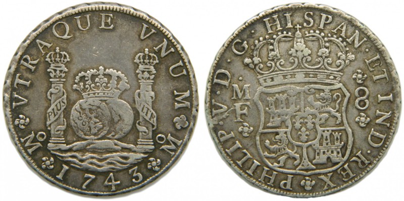 Felipe V (1700-1746). 1743. MF. 8 reales. México. (Cal.795). Ag 27,03 gr. Column...