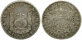 Felipe V (1700-1746). 1743. MF. 8 reales. México. (Cal.795). Ag 27,03 gr. Columnario. Grado: MBC