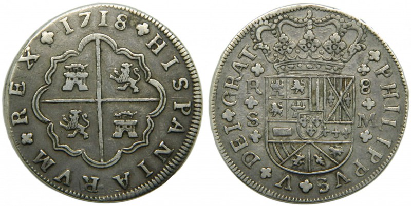 Felipe V (1700-1746). 1718. M. 8 reales. Sevilla. (Cal.934). Ag 22,83 gr. Armas ...