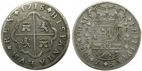 Felipe V (1700-1746). 1718. M. 8 reales. Sevilla. (Cal.934). Ag 22,83 gr. Armas de Borgoña con tres flores de lis. Sin florón después de GRAT. ESCASA....