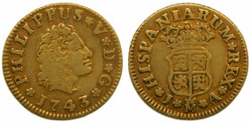 Felipe V (1700-1746). 1743. JA. 1/2 escudo. Madrid. (Cal. 573). Au 1,75 gr. Grado: MBC