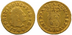 Felipe V (1700-1746). 1744. JA. 1/2 escudo. Madrid. (Cal. 574). Au 1,73 gr. Grado: MBC