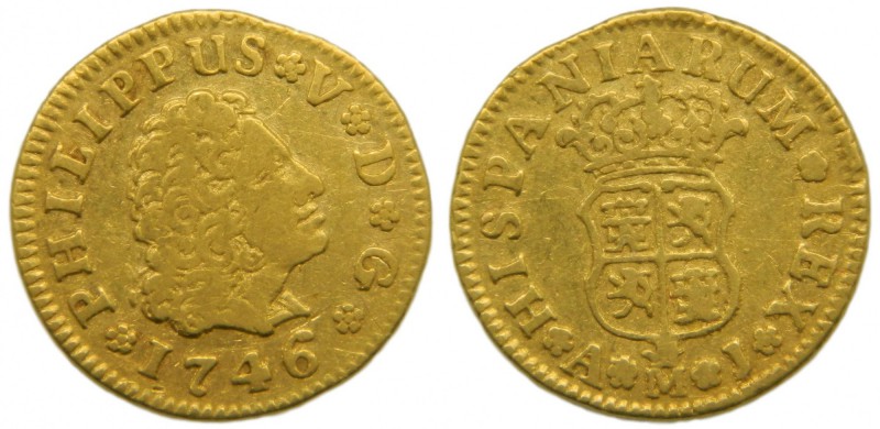 Felipe V (1700-1746). 1746. AJ. 1/2 escudo. Madrid. (Cal. 577). Au 1,73 gr. RARO...