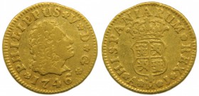 Felipe V (1700-1746). 1746. AJ. 1/2 escudo. Madrid. (Cal. 577). Au 1,73 gr. RARO.  Grado: MBC