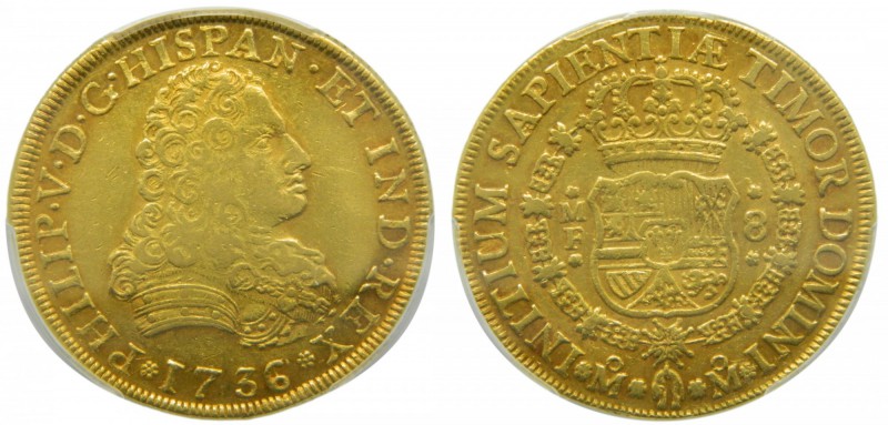 Felipe V (1700-1746). 1736/5. MF. 8 escudos. México. (Cal. 128 var.). (Krause fa...