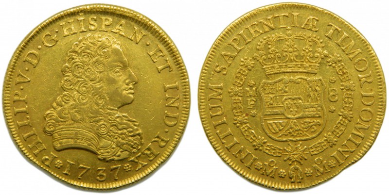 Felipe V (1700-1746). 1737. MF. 8 escudos. México. (Cal.130). Au 26,94 gr. Muy R...