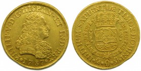 Felipe V (1700-1746). 1737. MF. 8 escudos. México. (Cal.130). Au 26,94 gr. Muy RARA.   Grado: MBC+