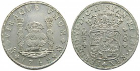 Fernando VI (1746-1759). 1749. MF. 8 reales. México. (Cal. 324). Ag 27,04 gr. Columnario. Grado: MBC+