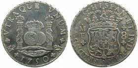 Fernando VI (1746-1759). 1750. MF. 8 reales. México. (Cal. 325). Ag 27 gr. Columnario. Limpiado. Grado: MBC