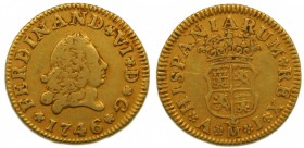 Fernando VI (1746-1759). 1746. AJ. 1/2 escudo. Madrid. (Cal. 239). Au 1,76 gr. Muy RARA.  Grado: MBC