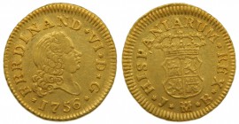 Fernando VI (1746-1759). 1756. JB. 1/2 escudo. Madrid. (Cal. 253). Au 1,73 gr. Grado: MBC+