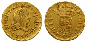 Fernando VI (1746-1759). 1758. JB. 1/2 escudo. Madrid. (Cal. 256). Au 1,76 gr. Grado: MBC