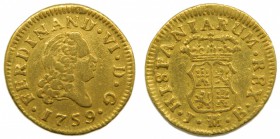 Fernando VI (1746-1759). 1759. JB. 1/2 escudo. Madrid. (Cal. 257). Au 1,74 gr.  Grado: MBC