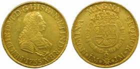 Fernado VI (1746-1759). 1755. JM. 8 escudos. Lima. (Cal.22). Au 26,99 gr. Sin indicacíon del valor. Leves marquitas.					 Grado: MBC