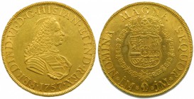 Fernando VI (1746-1759). 1757. JM. 8 escudos. Lima. (Cal. 25). Au 27 gr. Marquitas. Grado: MBC-