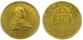 Fernando VI (1746-1759). 1756. MM. 8 escudos. México. (Cal. 44). (Cal. onza 607). PCGS Genuine. AU DETAIL.  Rayita en anverso. Grado: EBC