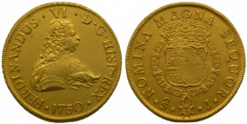 Fernando VI (1746-1759). 1750. J. 8 escudos. Santiago. (Cal.79). Au 26,95 gr. Grado: EBC+