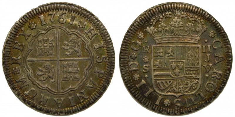 Carlos III (1759-1788). 1761. JV. 2 reales. Sevilla. (Cal. 1435). Ag 5,86 gr. Bo...