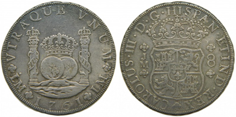 Carlos III (1759-1788). 1761. JM. 8 reales. Lima. (Cal. 836). Ag 26,66 gr.     G...