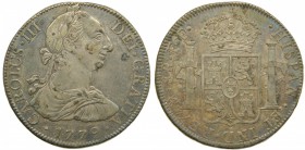 Carlos III (1759-1788). 1779. FF. 8 reales. México. (Cal. 929). Ag 26,88 gr. Bonita pátina. Grado: EBC