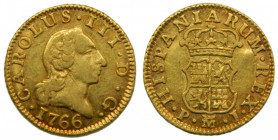 Carlos III (1759-1788). 1766. PJ. 1/2 escudo. Madrid. (Cal. 760.). Au 1,78 gr. Rayitas de ajuste en reverso. Grado: EBC