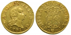 Carlos III (1759-1788). 1771. PJ. 1/2 escudo. Madrid. (Cal. 765). Au 1,78 gr. Rayita en anverso. Grado: MBC