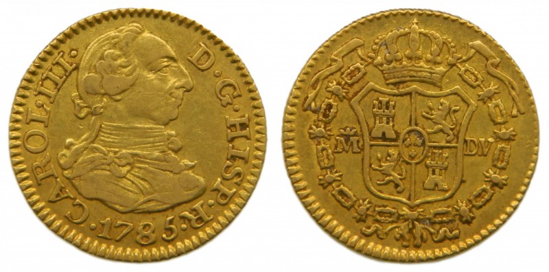 Carlos III (1759-1788). 1785. DV. 1/2 escudo. Madrid. (Cal.777). Au 1,69 gr. Gra...