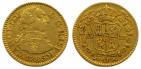 Carlos III (1759-1788). 1785. DV. 1/2 escudo. Madrid. (Cal.777). Au 1,69 gr. Grado: MBC