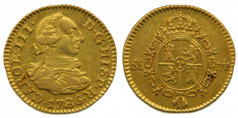 Carlos III (1759-1788). 1786. DV. 1/2 escudo. Madrid. (Cal.778). Au 1,73 gr. Var...