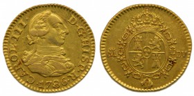 Carlos III (1759-1788). 1786. DV. 1/2 escudo. Madrid. (Cal.778). Au 1,73 gr. Variante de reverso. Grado: MBC+/EBC-