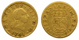 Carlos III (1759-1788). 1761. JV. 1/2 escudo. Sevilla. (Cal. 785). Au 1,75 gr. Grado: MBC