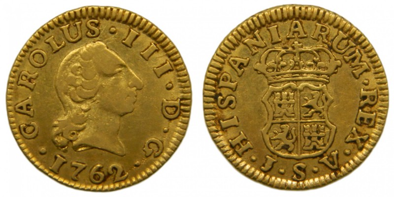 Carlos III (1759-1788). 1762. JV. 1/2 escudo. Sevilla. (Cal. 786). Au 1,76 gr. R...