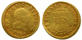Carlos III (1759-1788). 1766. VC. 1/2 escudo. Sevilla. (Cal. 789). Au 1,73 gr. Grado: MBC