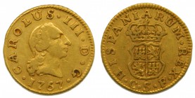 Carlos III (1759-1788). 1767. CF. 1/2 escudo. Sevilla. (Cal. 791).  Au 1,75 gr. RARA. Grado: MBC