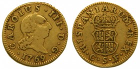 Carlos III (1759-1788). 1769. CF. 1/2 escudo. Sevilla. (Cal. 793). Au 1,74 gr. Grado: MBC