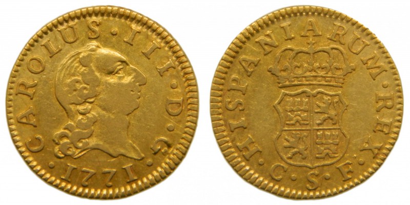 Carlos III (1759-1788). 1771. CF. 1/2 escudo. Sevilla. (Cal. 795). Au 1,76 gr. G...