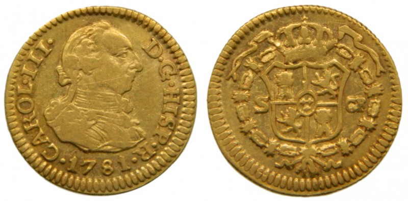 Carlos III (1759-1788). 1781. CF. 1/2 escudo. Sevilla. (Cal. 803). Au 1,77 gr. G...