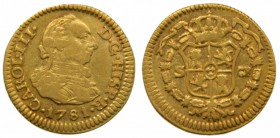 Carlos III (1759-1788). 1781. CF. 1/2 escudo. Sevilla. (Cal. 803). Au 1,77 gr. Grado: EBC-