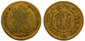 Carlos III (1759-1788). 1776. MJ. 1 escudo. Lima. (Cal. 605). Au 3,33 gr. Grado: MBC