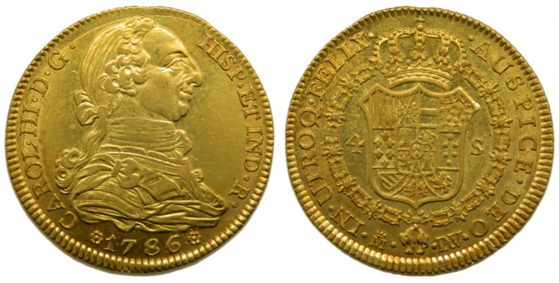 Carlos III (1759-1788). 1786/5. DV/PJ. 4 escudos. Madrid. (Cal. 311 var). Au 13,...